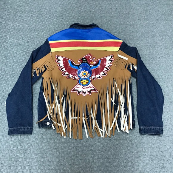 Mislook Jacket Womens XXL Blue Trucker Denim Jean Thunderbird Tassled Leather - Picture 1 of 11